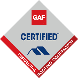 Diamond-shaped logo with a red border and text stating "RESIDENTIAL ROOFING CONTRACTOR." Inside, it features the GAF logo in a red square at the top, the word "CERTIFIED" in blue text, and an image of two stylized rooftops in blue. Perfect for any Roofing Contractor Sarasota County.