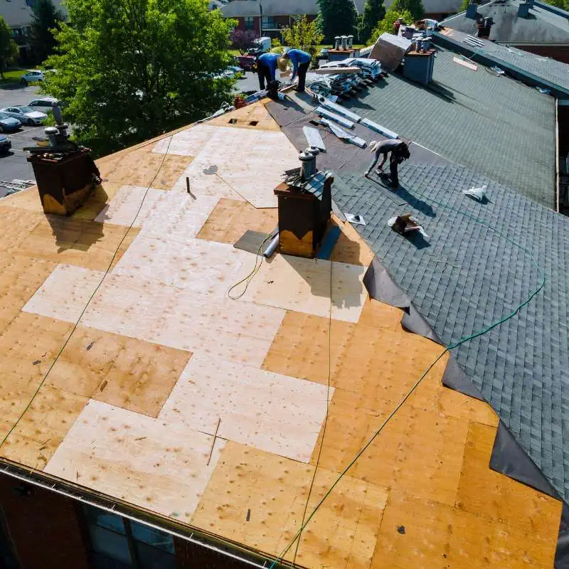 A group of workers from a roofing contractor in Sarasota County are repairing the roof of a large building. The surface is partly stripped down to wooden sheathing, while other areas still have shingles. Equipment and materials are scattered on the roof, with trees and parked cars visible in the background.