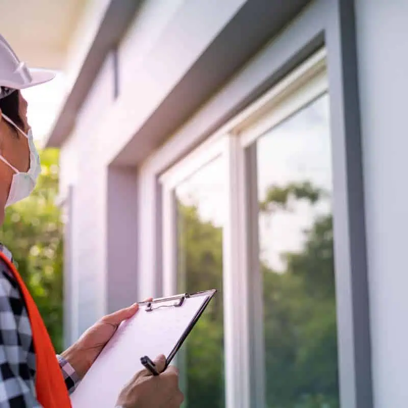A person wearing a white hard hat, face mask, and an orange safety vest inspects a window with a clipboard in hand. The background shows part of a building with windows reflecting greenery—a typical scene for a Roof Inspection Sarasota County professional.