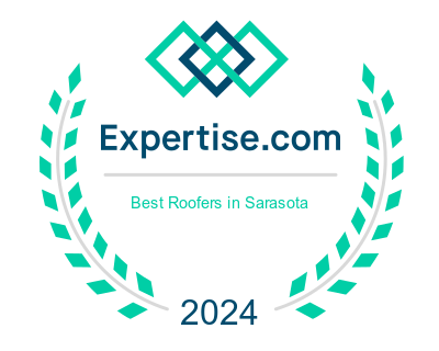 Award badge showcasing the Expertise.com logo, with text "Best Roofers in Sarasota" and "2024". Surrounded by laurel branches, symbolizing excellence in roofing services and recognition.